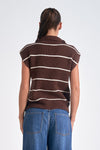 collared zip front short sleeve striped relaxed fit sweater vest brown beige cream stripe