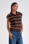 collared zip front short sleeve striped relaxed fit sweater vest brown beige cream stripe