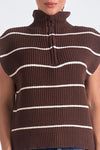 collared zip front short sleeve striped relaxed fit sweater vest brown beige cream stripe