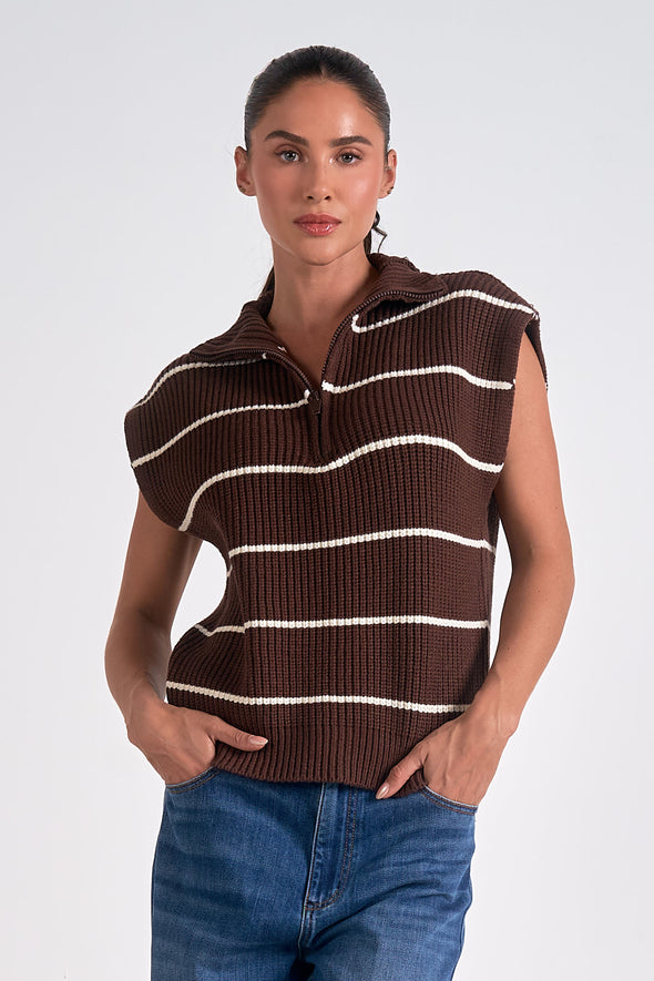 collared zip front short sleeve striped relaxed fit sweater vest brown beige cream stripe