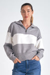 elan collared long sleeve zip front color block stripe relaxed fit sweater grey off white