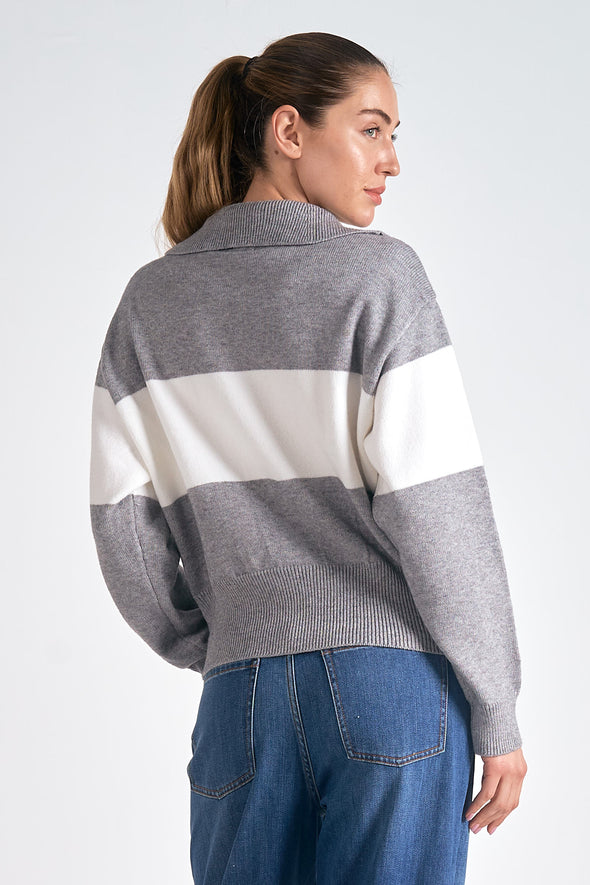 elan collared long sleeve zip front color block stripe relaxed fit sweater grey off white