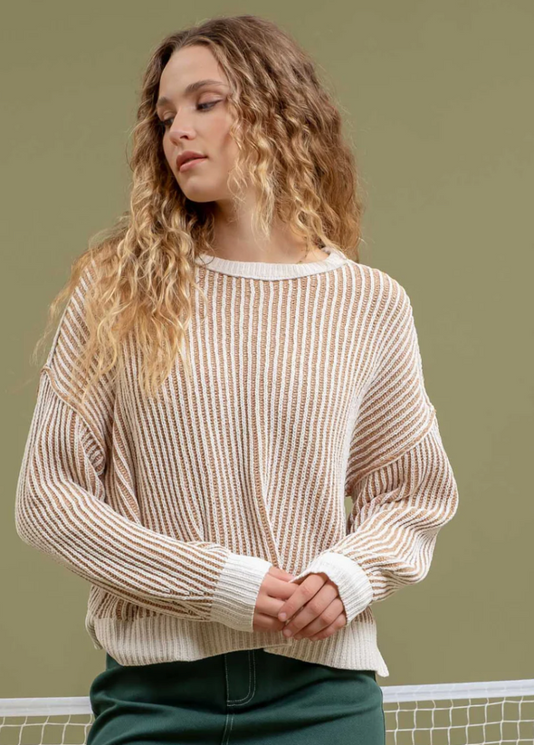 textured crewneck pullover sweater tan cream free people dupe relaxed fit