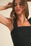 textured fabric wide strap cropped square neck tank top black