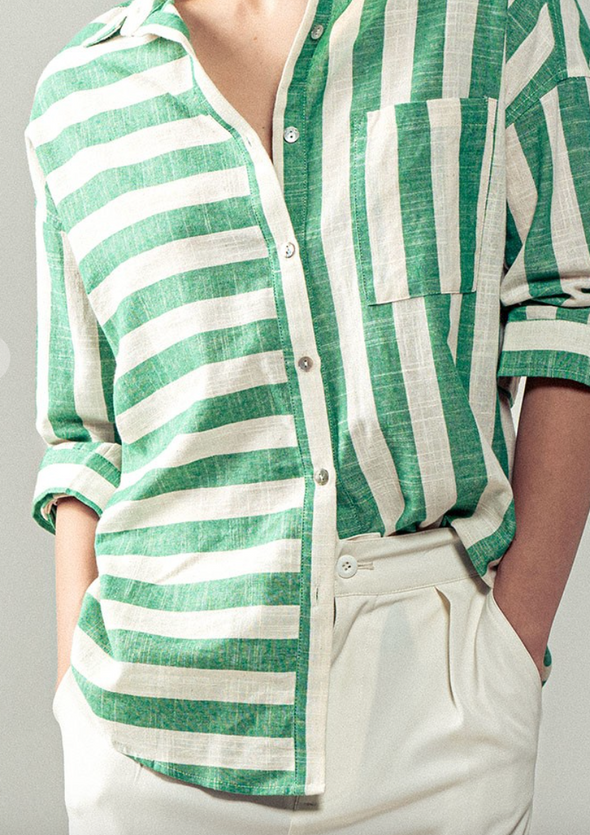 trend notes vertical and horizontal striped button up shirt relaxed fit rolled long sleeve collared top green white