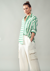 trend notes vertical and horizontal striped button up shirt relaxed fit rolled long sleeve collared top green white