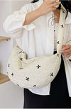 trendy puffer quilted embroidered bow shoulder bag purse white black