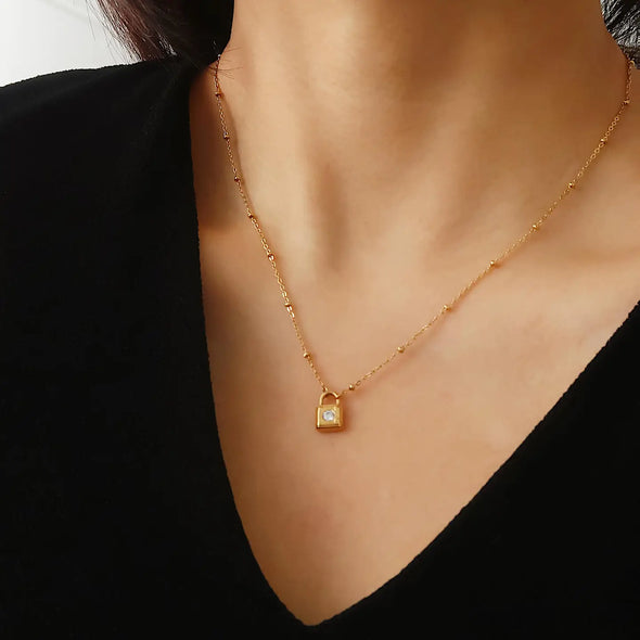 The Turner 18k Gold Plated Petite Rhinestone Lock Necklace