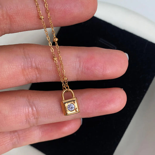 The Turner 18k Gold Plated Petite Rhinestone Lock Necklace