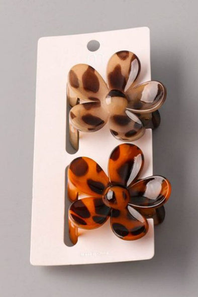 two pack leopard daisy flower glossy brown tan hair claw clip set