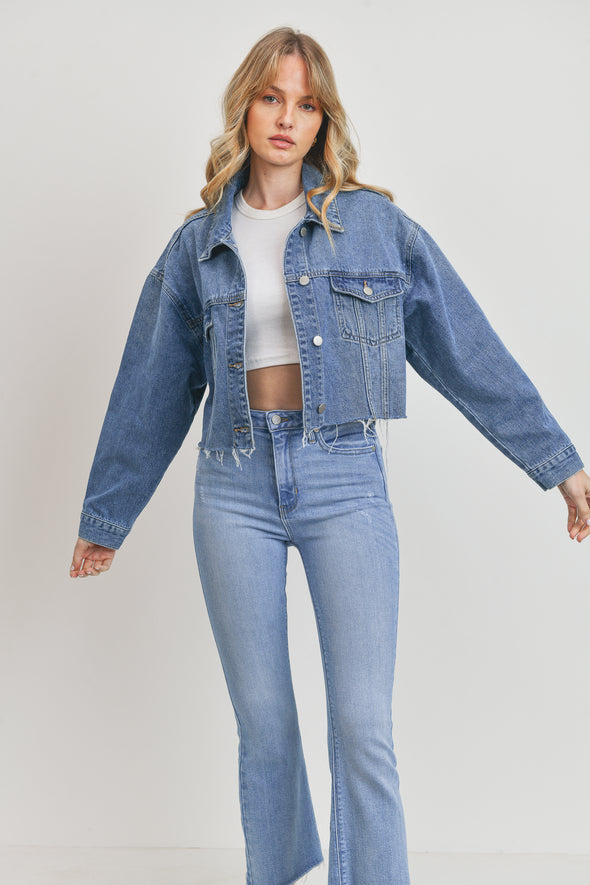 just black denim jacket cropped boyfriend medium wash raw hem