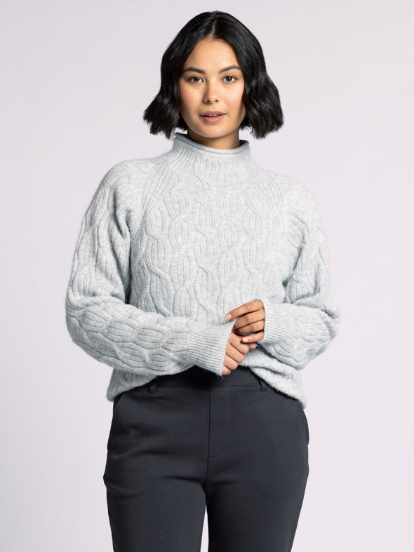 amal sweater thread & supply mock neck cable knit heather grey raglan sleeve