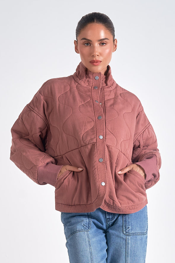 elan quilted bomber jacket snap button front side pockets collared