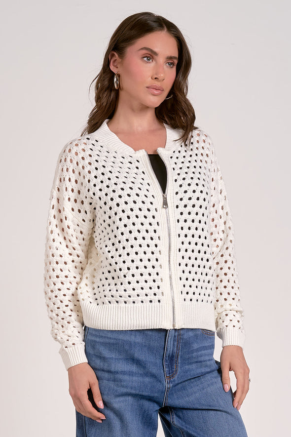 elan open knit zip up cardigan white rib details versatile