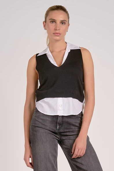 elan layered look sleeveless sweater top black and white cropped collared black sweater vest