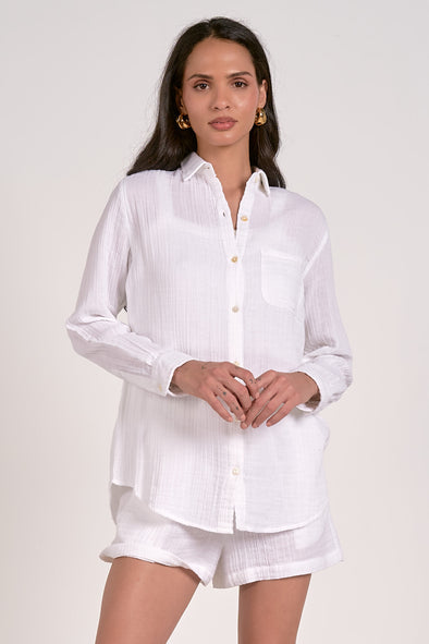 elan gauze button down top long sleeve white side chest pocket lightweight