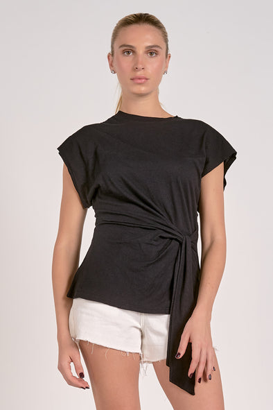 elan short sleeve side tie knit top black