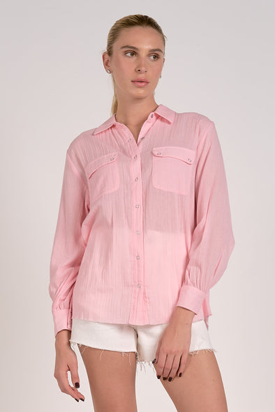 elan flap pocket button down top collared long sleeve lightweight semi sheer dual chest pockets pink