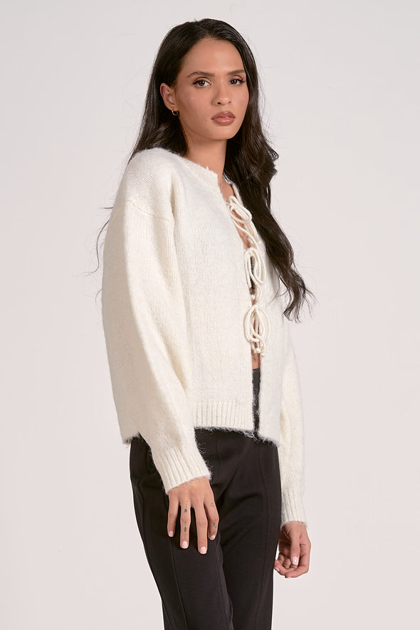 elan bow tie front sweater white long sleeve fuzzy