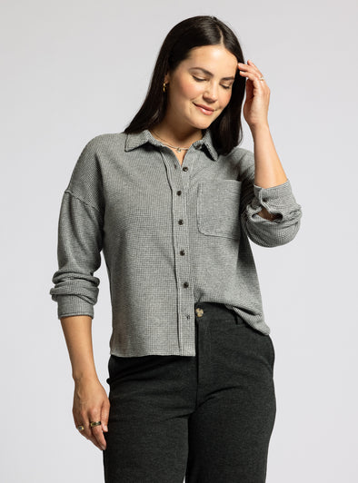 coralie shirt thread & supply pavement white cropped button up top super soft relaxed fit