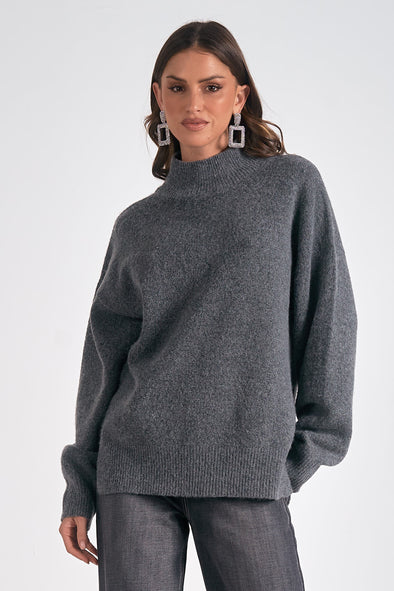 elan mock neck sweater side slits oversized dark grey