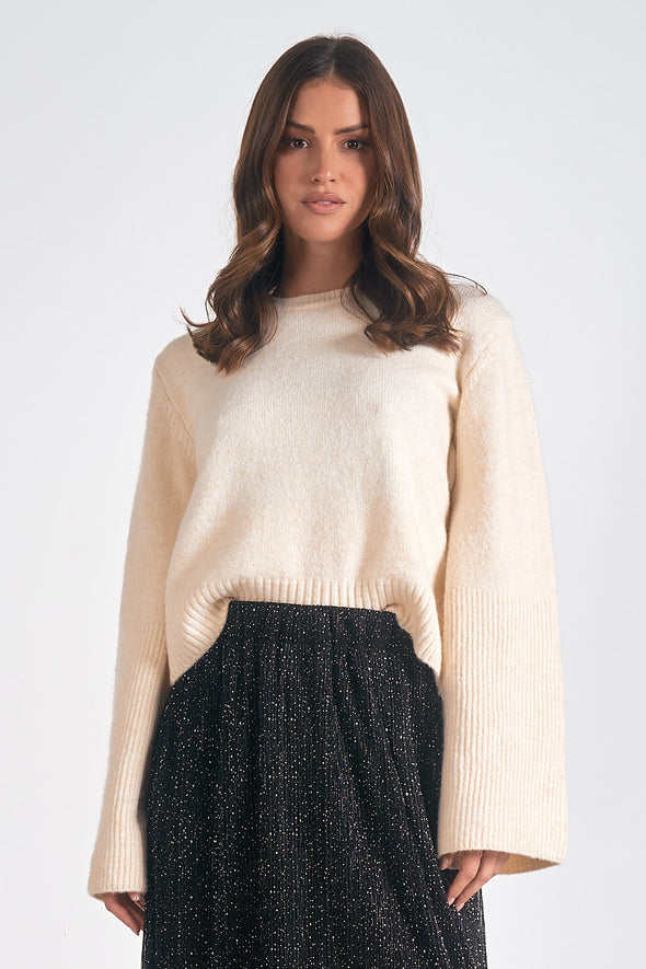 elan bell sleeve sweater off white rib details crewneck