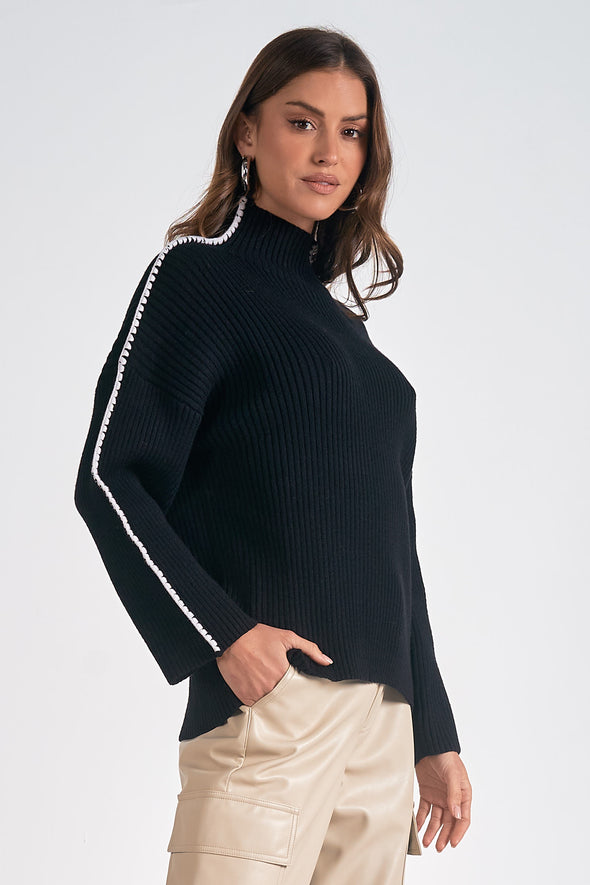 elan long sleeve sweater mock neck contrast stitch detail black