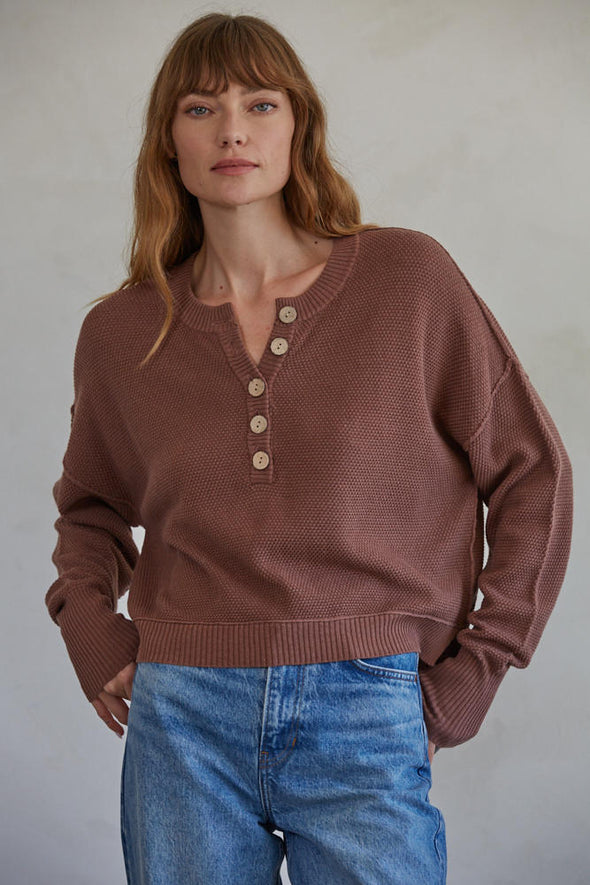 by togetherwilfred knit textured button down round neck long sleeve sweater pullover top truffle brown