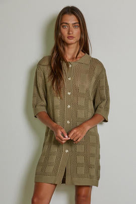 by together carmena dress ribbed grid button down collared short sleeve mini sweater dress olive