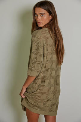 by together carmena dress ribbed grid button down collared short sleeve mini sweater dress olive