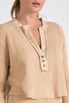 elan tan waffle knit cropped long sleeve v-neck henley top