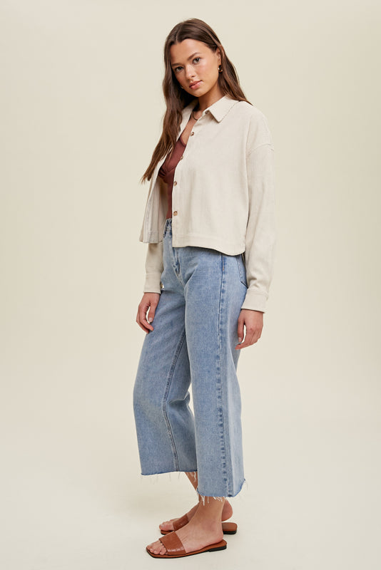 wishlist corduroy relaxed fit cropped shacket lightweight sand beige