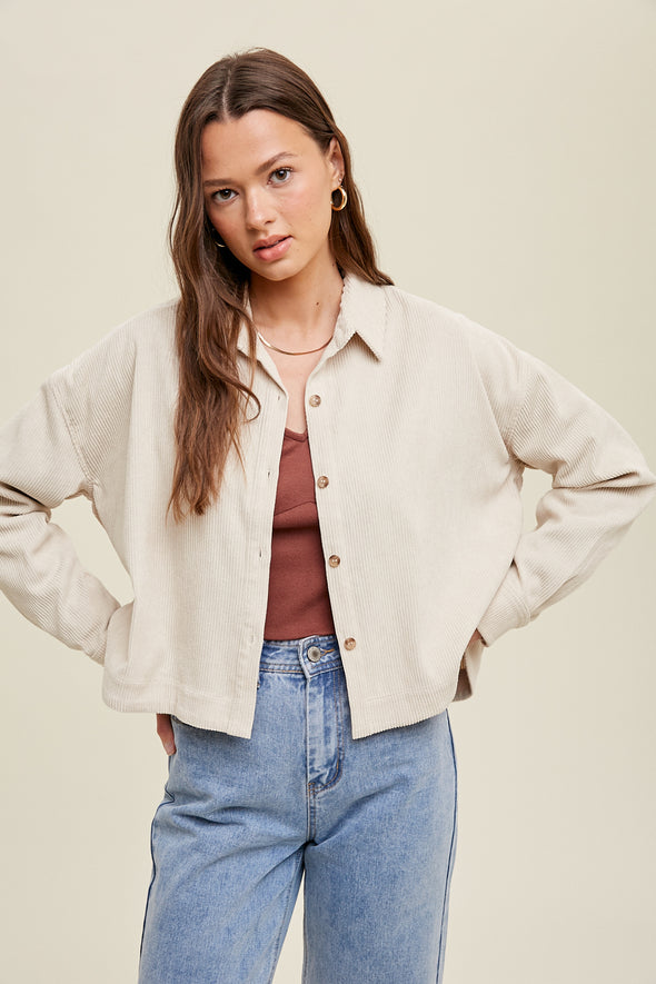 wishlist corduroy relaxed fit cropped shacket lightweight sand beige