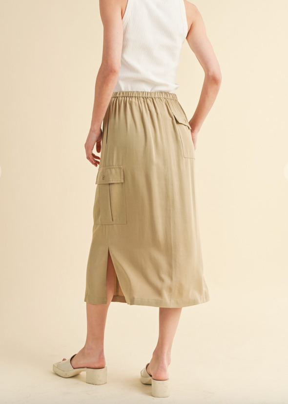 wishlist cargo midi skirt with side slit elastic waist drawstring cargo pocket taupe tan