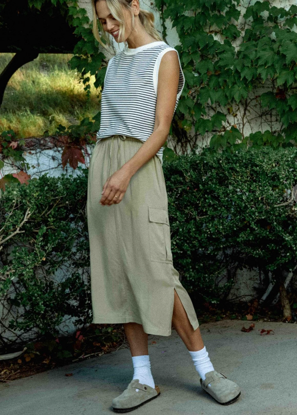 wishlist cargo midi skirt with side slit elastic waist drawstring cargo pocket taupe tan