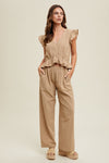 wishlist mocha ruffle relaxed crop top and wide leg drawstring pants two piece set