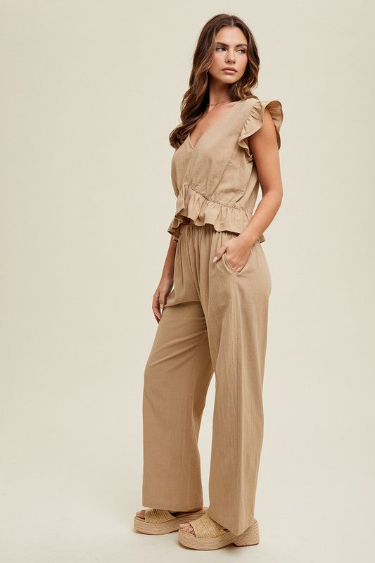 wishlist mocha ruffle relaxed crop top and wide leg drawstring pants two piece set