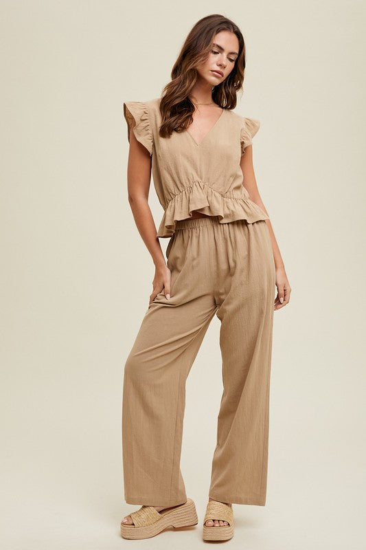 wishlist mocha ruffle relaxed crop top and wide leg drawstring pants two piece set