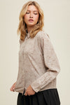 long sleeeve button up floral print top collared relaxed fit brown stone mocha