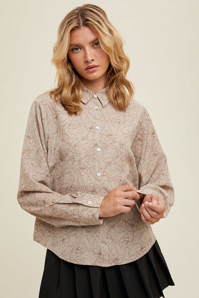 long sleeeve button up floral print top collared relaxed fit brown stone mocha