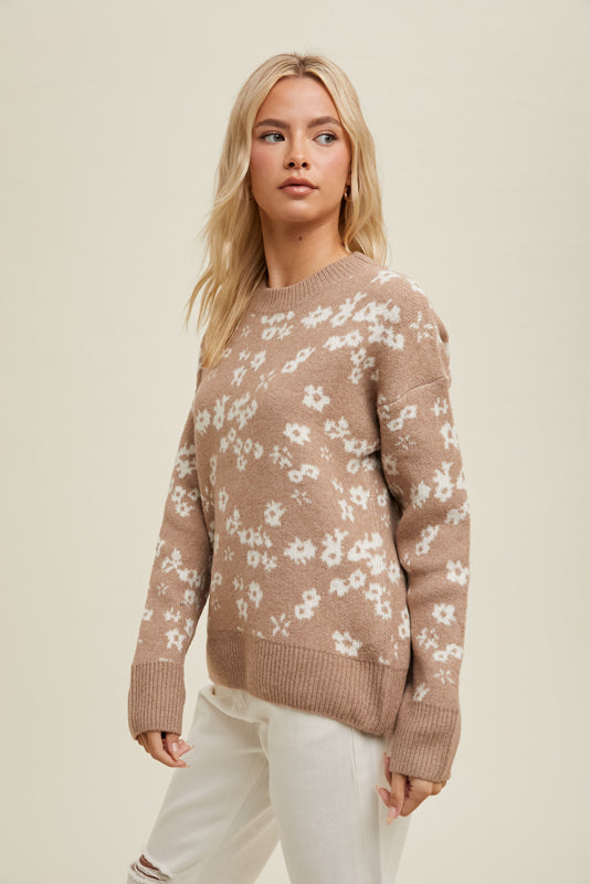 wishlist floral brushed sweater top ribbed details crew neckline relaxed fit mocha ivory