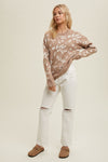 wishlist floral brushed sweater top ribbed details crew neckline relaxed fit mocha ivory