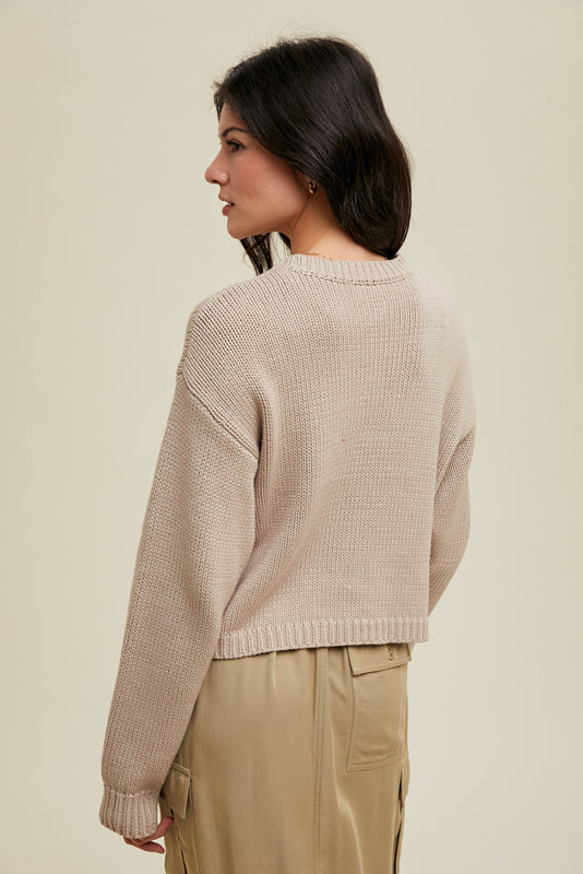 wishlist long sleeve cropped sweater ribbed details relaxed fit crew neckline neutral Fall sweater