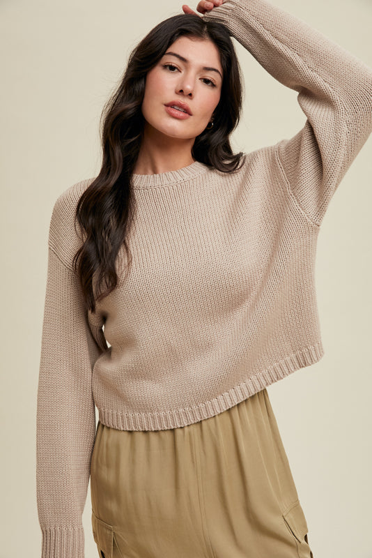 wishlist long sleeve cropped sweater ribbed details relaxed fit crew neckline neutral Fall sweater