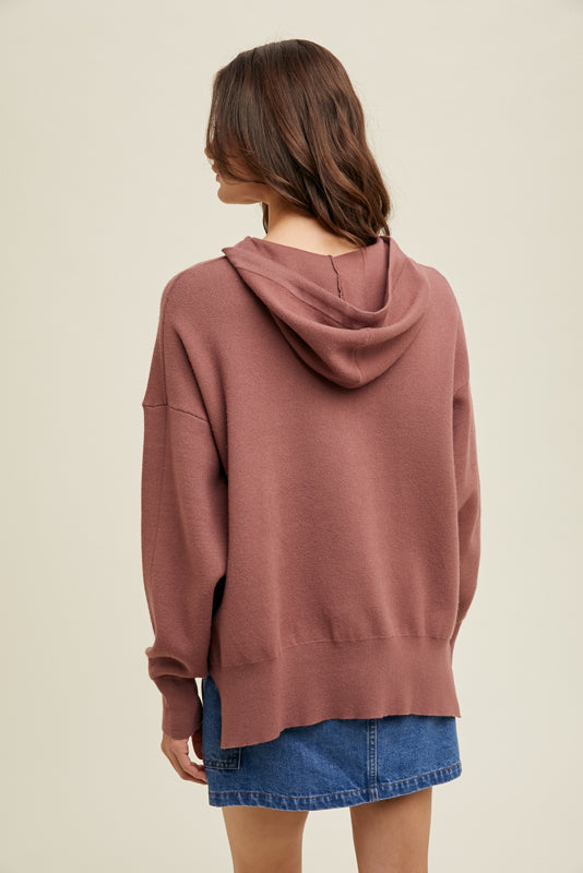 wishlist relaxed fit hoodie sweater side slits ribbed details oversized red bean