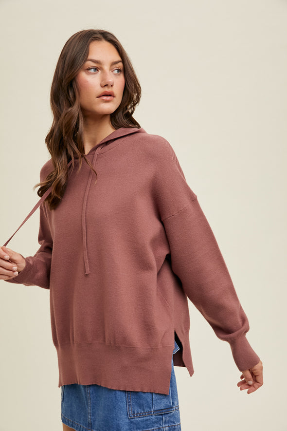 wishlist relaxed fit hoodie sweater side slits ribbed details oversized red bean