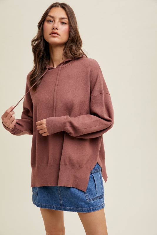 wishlist relaxed fit hoodie sweater side slits ribbed details oversized red bean