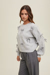 wishlist heather grey bow detail brushed sweater crew neckline relaxed fit bow aplique ribbed details