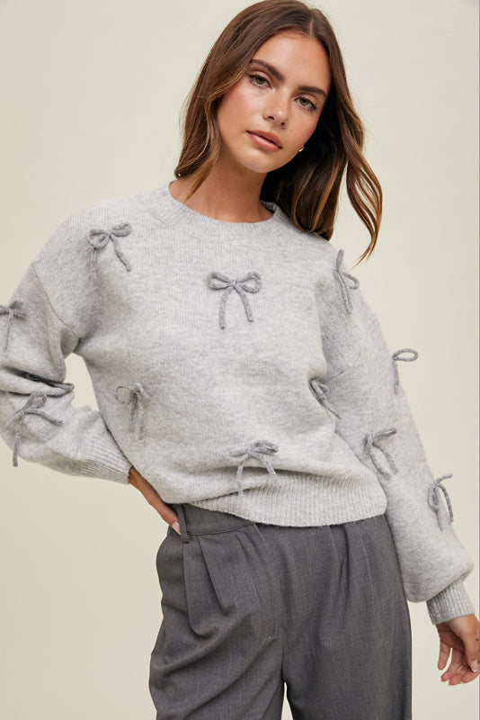 wishlist heather grey bow detail brushed sweater crew neckline relaxed fit bow aplique ribbed details