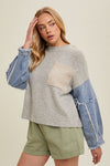 wishlist long sleeve mixed media sweater denim sleeve relaxed fit chest pocket color blocked trendy sweater